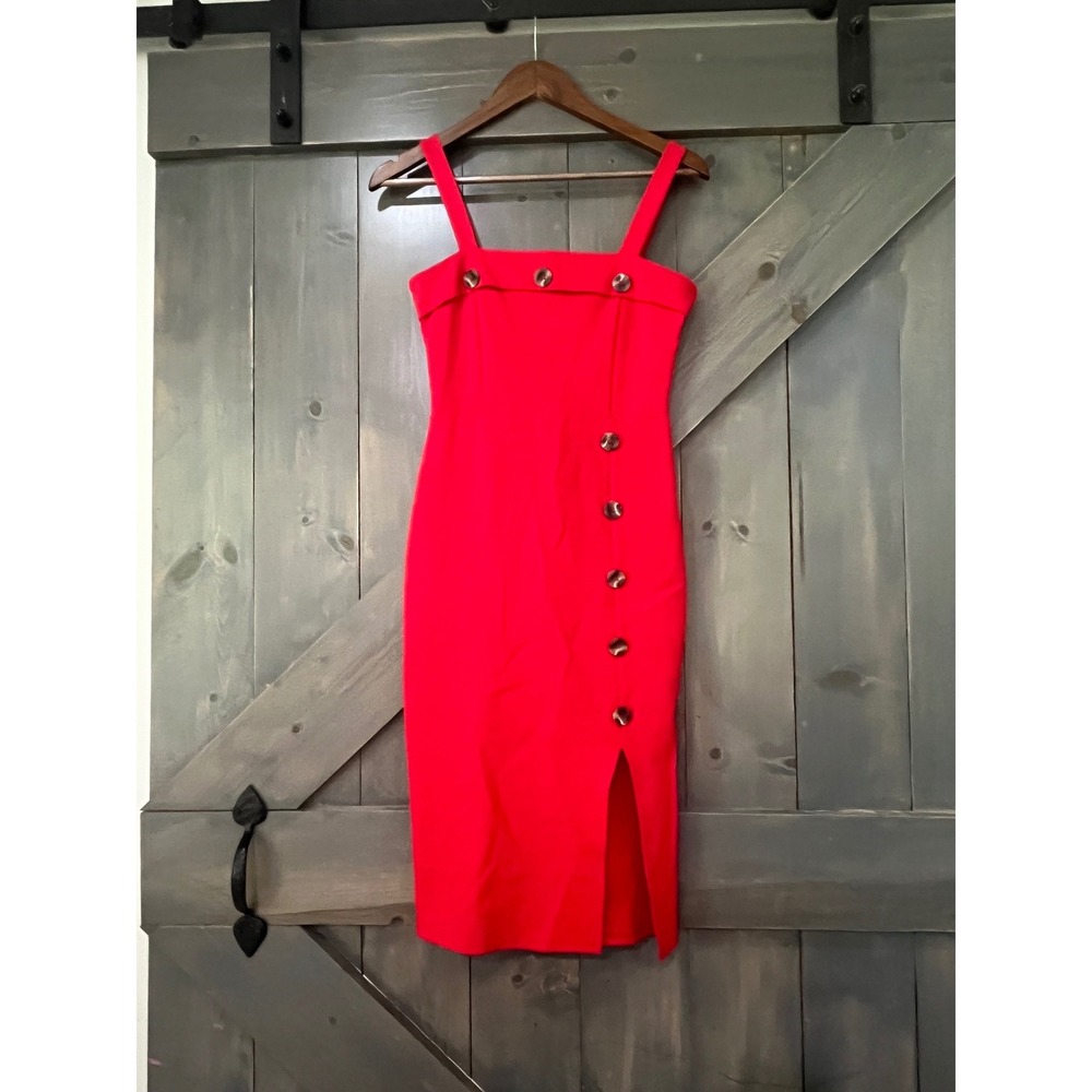 Stella Luce Red Sheath Dress Button Accent Front Slit Small Minimalist Chic - Picture 2 of 9
